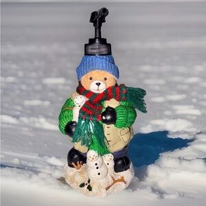 Adorable Bear Holding Snowman Christmas Soap Dispenser With Pump Winter Decor